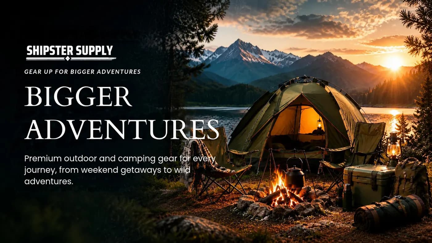 Shipster Supply homepage banner featuring its outdoor and camping brand presentation