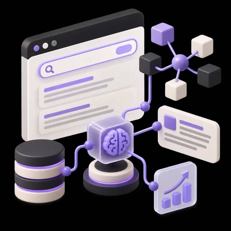 AI SEO Implementation and Search Visibility System 3D AI SEO implementation system connecting search, structured data, content and measurement
