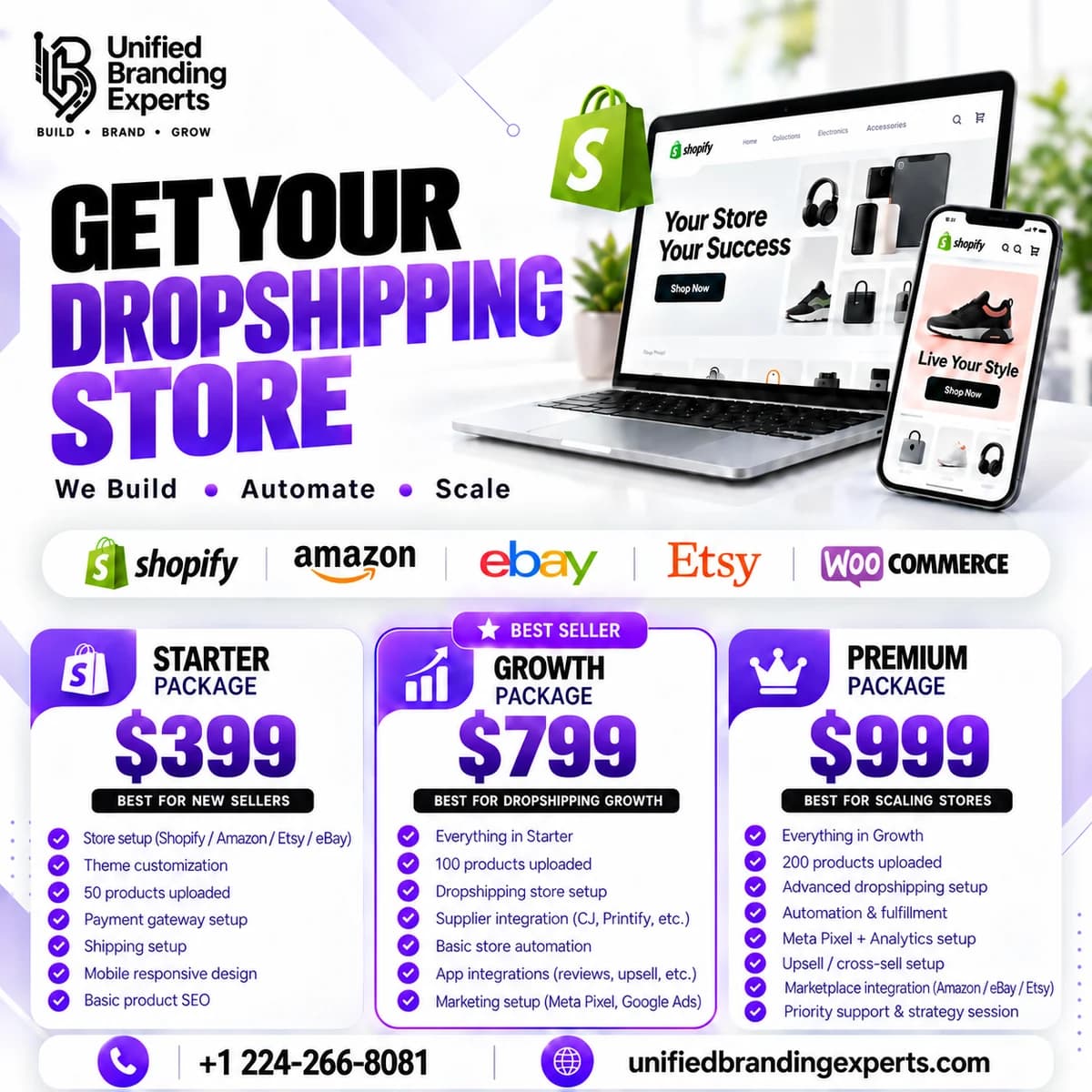 Unified Branding Experts dropshipping store offer showing Starter $399, Growth $799 and Premium $999 packages