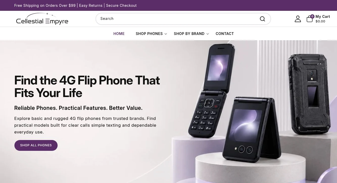 Cellestial Empyre Shopify homepage showing basic and rugged 4G flip phones, category navigation and the shop call to action