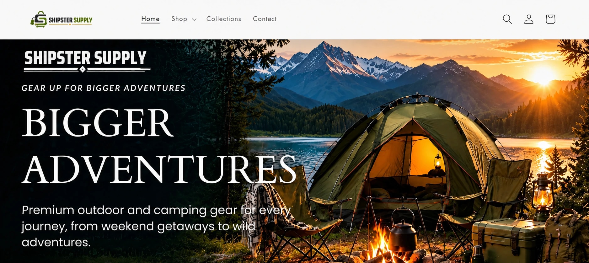 Shipster Supply Shopify homepage hero showing a campsite beside a mountain lake at sunset
