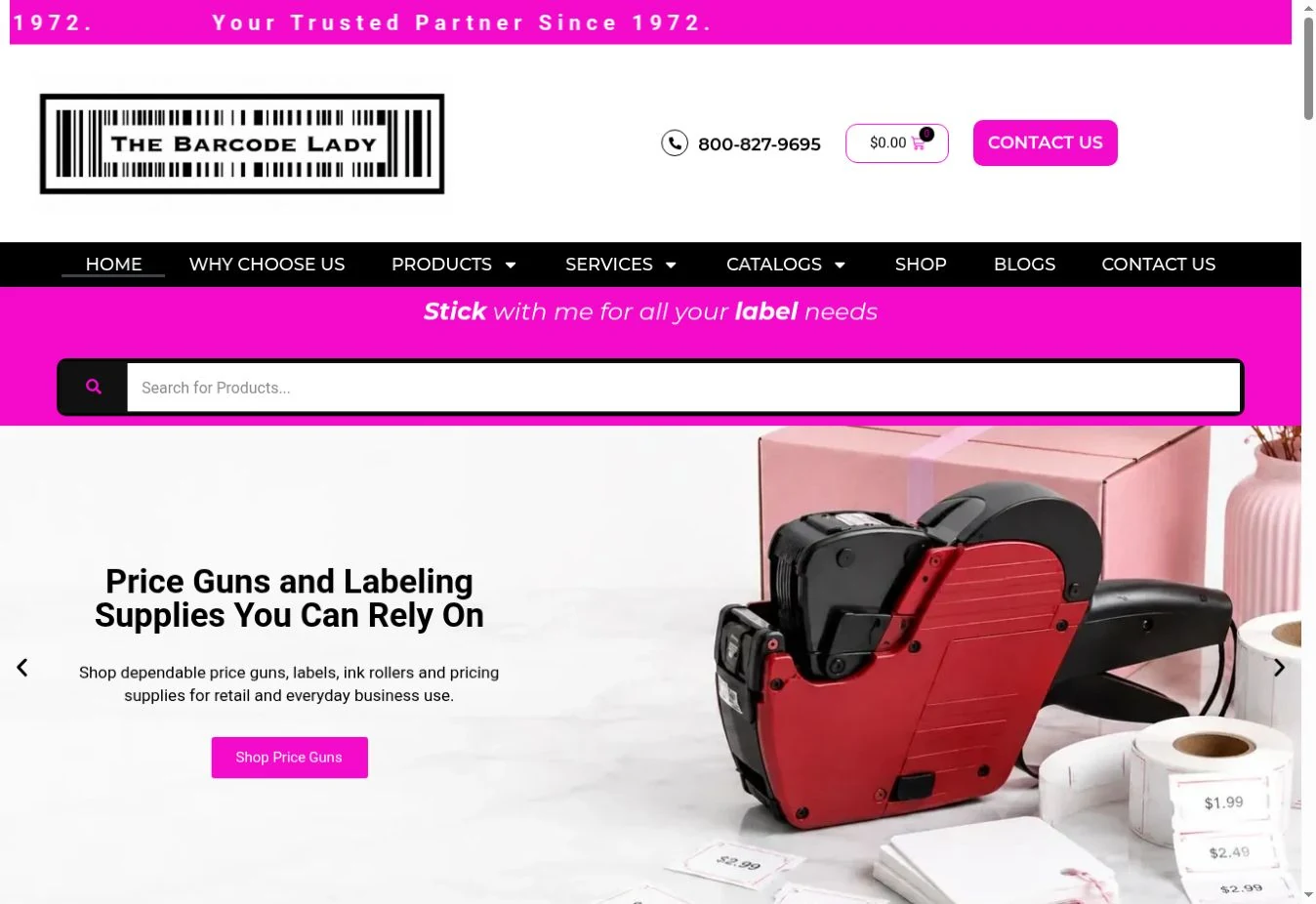 The Barcode Lady homepage with barcode logo, product search, and hero showing a label printer, scanner and shipping labels