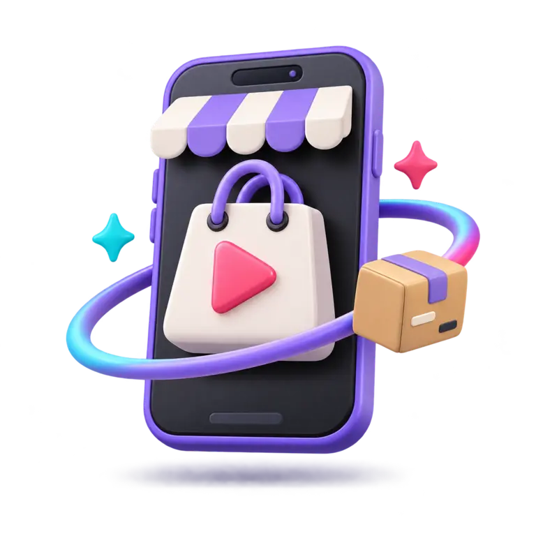TikTok Shop Setup and Management System 3D TikTok Shop mobile storefront with video commerce and product fulfillment